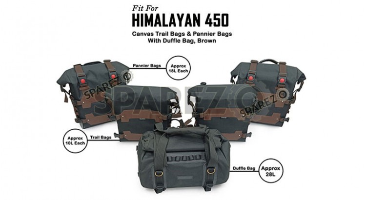 For Royal Enfield Himalayan 450 Canvas Trail Pannier Bags And Duffle Bag Brown - SPAREZO